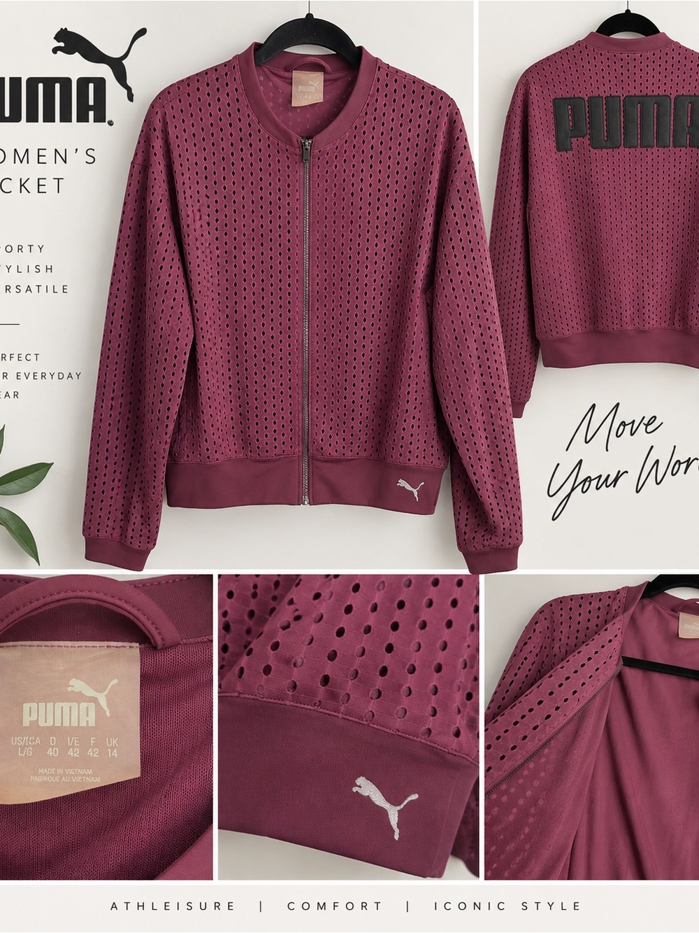 PUMA Women’s Perforated Mesh Bomber Jacket Burgundy Size L